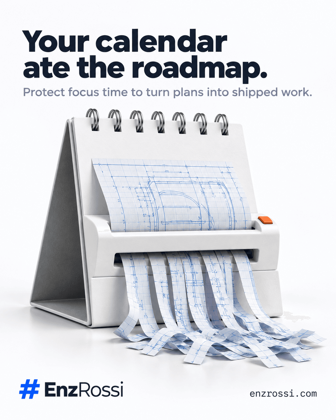 A white calendar-shredder consumes a pale blueprint, with paper strips below. Headline: Your calendar ate the roadmap. Tagline: Protect focus time to turn plans into shipped work. Current EnzRossi hash logo and enzrossi.com in the footer.