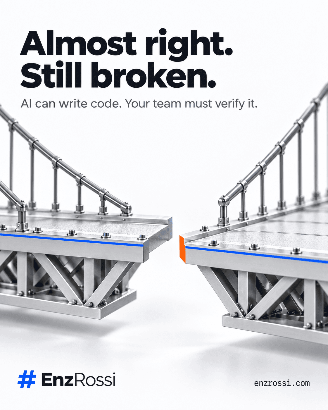 Two silver bridge decks nearly meet but are misaligned, with blue edge details and an orange mismatch marker. Headline: Almost right. Still broken. Tagline: AI can write code. Your team must verify it. Current EnzRossi hash logo and enzrossi.com in the footer.