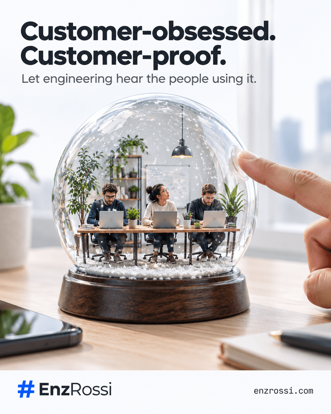 A miniature engineering team works inside a glass snow globe while a customer taps the glass. Headline: Customer-obsessed. Customer-proof. Tagline: Let engineering hear the people using it.