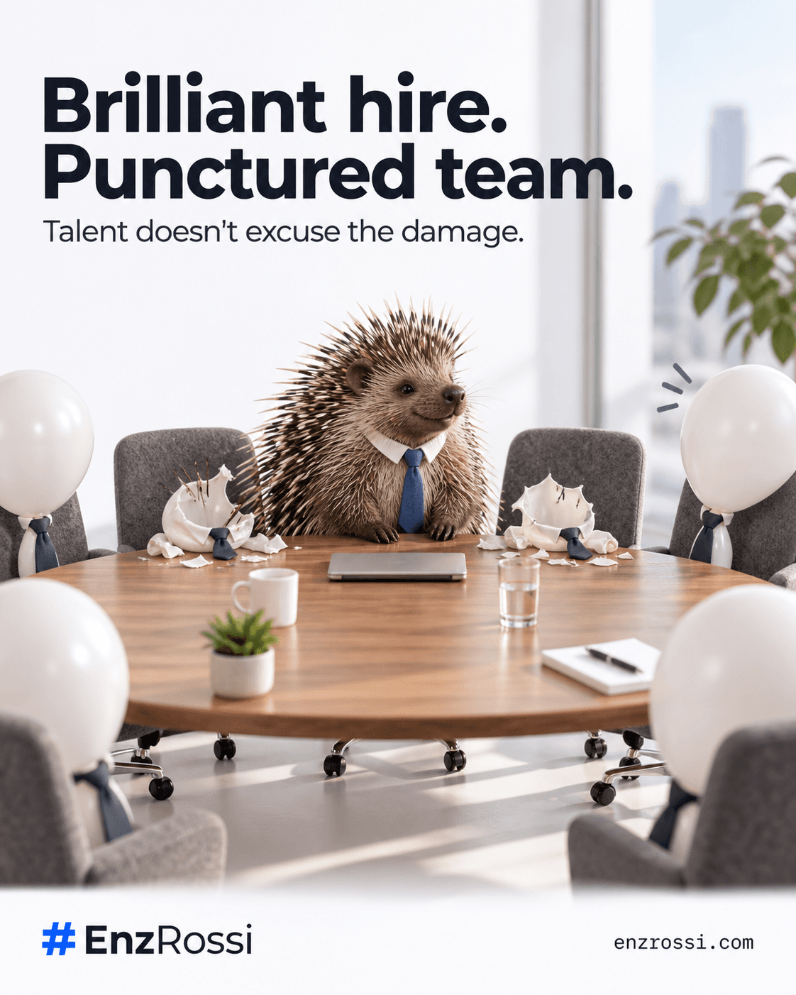 A smiling spiky animal in a tie sits among balloon colleagues, two of whom have popped. Headline: Brilliant hire. Punctured team. Tagline: Talent doesn't excuse the damage.