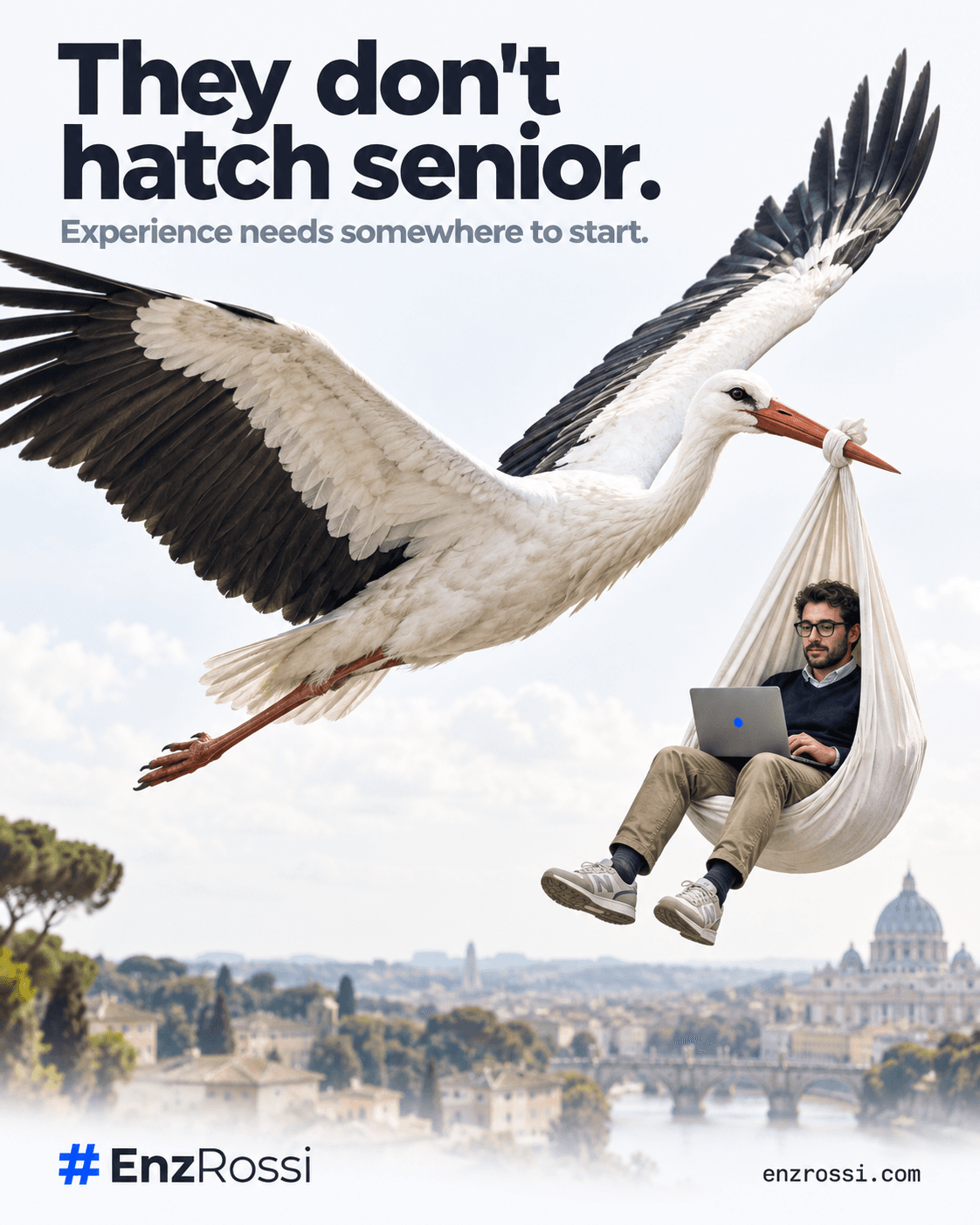 A flying stork carries a fully grown engineer using a laptop in a cloth sling. Headline: They don't hatch senior. Tagline: Experience needs somewhere to start.
