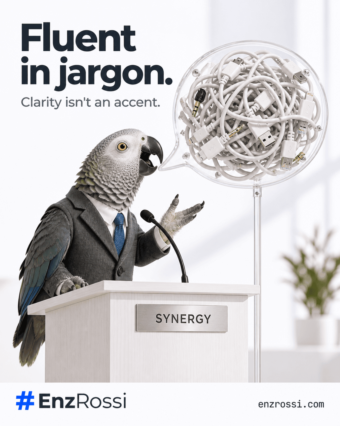A suited parrot speaks at a SYNERGY lectern; its speech bubble contains tangled cables. Headline: Fluent in jargon. Tagline: Clarity isn't an accent.