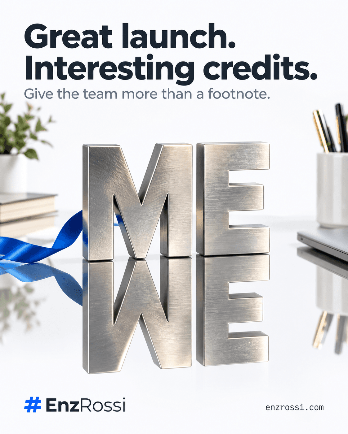 A metal award spells ME, while its reflection in the desk reads WE. Headline: Great launch. Interesting credits. Tagline: Give the team more than a footnote.