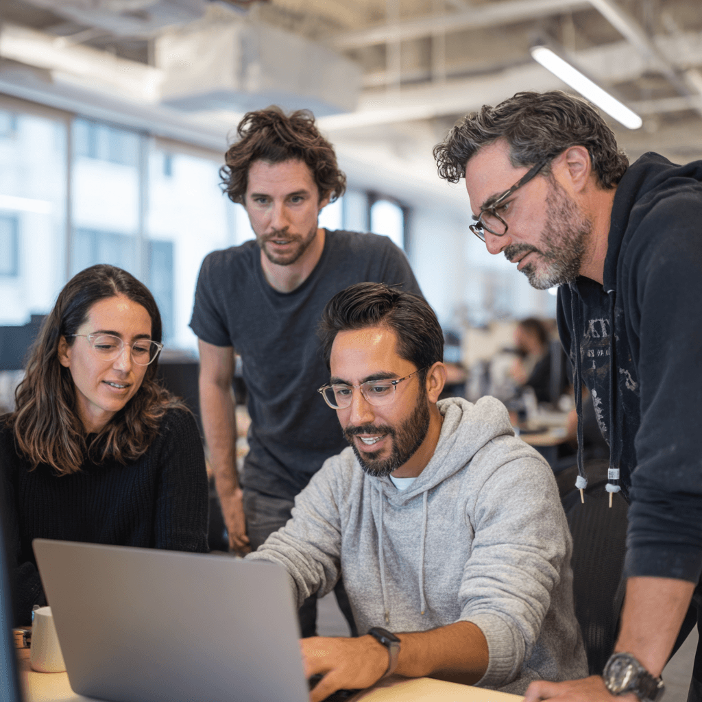 Two developers reviewing code on a laptop in a bright office