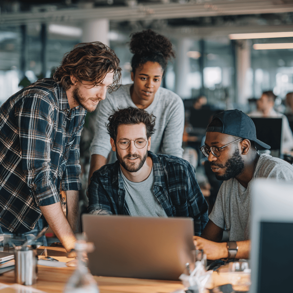 Engineering team collaborating around a laptop in a modern office